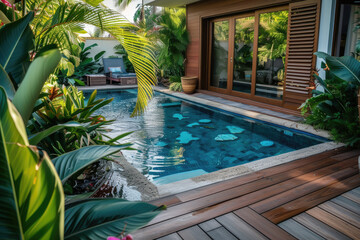 The exterior of a back garden patio area with wood decking, tropical plants, a mini pool - obrazy, fototapety, plakaty