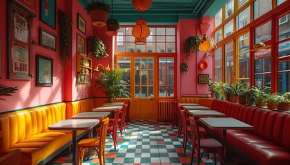 Fototapeta na wymiar colorful retro cafe room with colorful