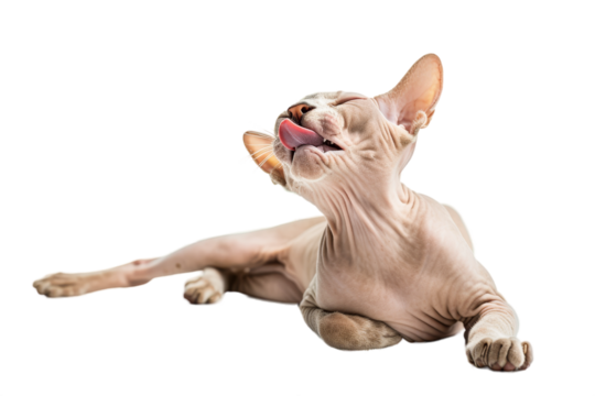 Hairless cat licking itself clean, isolated on transparent background.