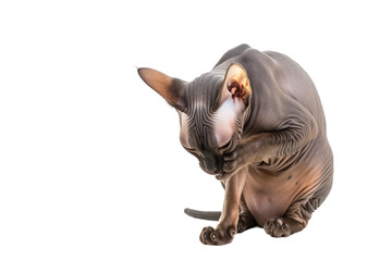 Sphynx hairless cat cleaning itself, isolated on transparent background.