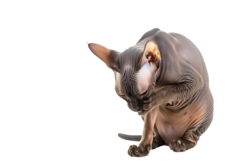 Sphynx hairless cat cleaning itself, isolated on transparent background.