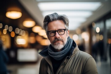 Obraz premium Portrait of a middle-aged man wearing glasses and a scarf.