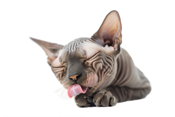 Sphynx cat cleaning itself, isolated on transparent background.
