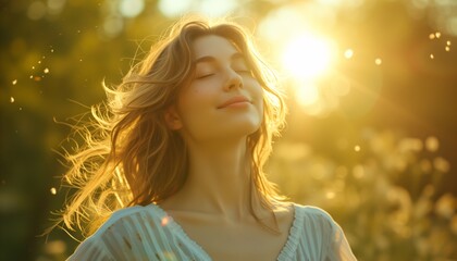 woman relaxing breathing fresh air of nature - obrazy, fototapety, plakaty
