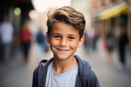 Portrait of a cute little boy smiling at the camera in the street