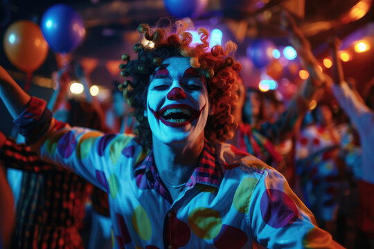 Young man dressed as a clown dancing in a nightclub. Halloween party