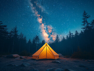 Illuminated tent under dark sky with stars and milky way shining bright above incredible camping...