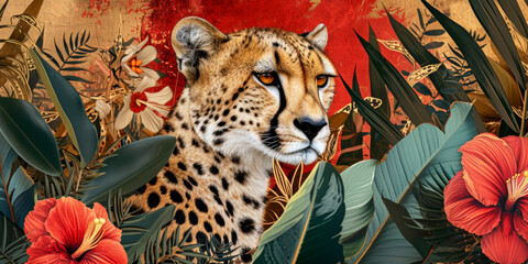 Exotic plant, flower art and animals. Gold and red. Art collage. Jungle wildlife banner