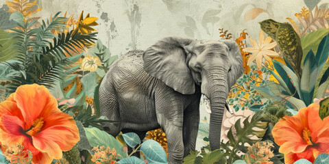 Exotic plants, flower art and elehant. Art collage. Jungle wildlife banner