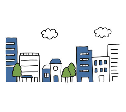 cityscape buildings blue trees clouds simple style clip art preview