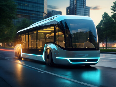 The concept of a modern bus without a driver of the future. A prototype of a bus driving on a city street with zero exhaust emissions 