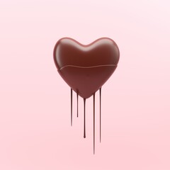 Closeup Heart shape chocolate melting on pink background. 3D Valentine idea concept.