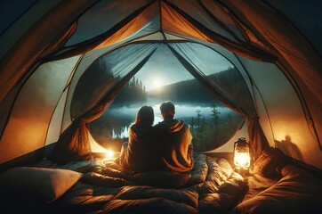a couple sitting inside a camping tent