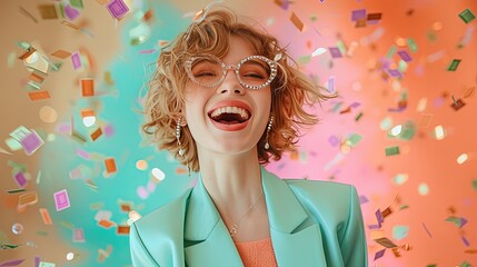 Successful and happy, free, stylish woman in bright shiny clothes and glasses celebrate event at among shiny colorful confetti. Happy mood day, free life. Weekends and vacations