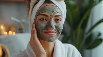 A woman takes care of her face at home in a bedroom, applying a nourishing blue mineral clay face mask. Home care for aging facial skin, spa treatments at home, time for yourself - obrazy, fototapety, plakaty