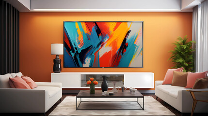 Modern room design with a large flat screen TV and a colorful image.Modern room. 