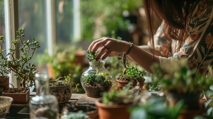 Woman Caring for Green Plants in Sunlit Indoor Garden