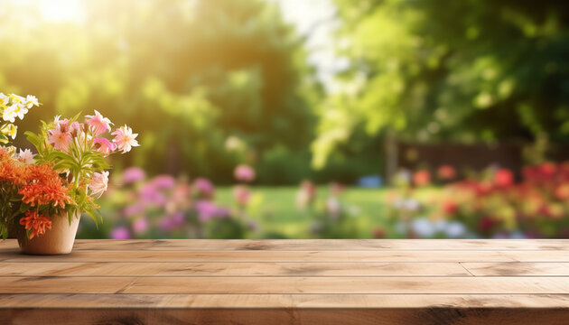 empty wood table top with garden flowers