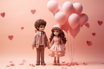 Heart shaped balloons and cute girl and boy doll on a pink background
