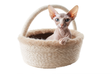 Sphynx hairless cat sitting in a basket, isolated on transparent background.
