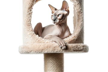 Sphynx cat relaxing in a cat tower, isolated on transparent background.