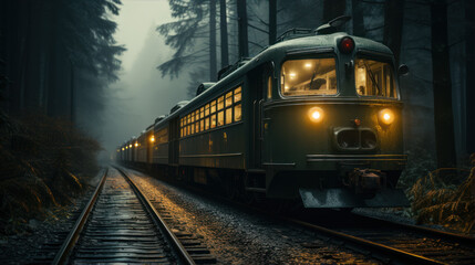 Fototapeta premium Classic trains run along mountain paths through natural forests
