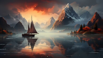 A solitary sailboat sailing on a calm, blue lake surrounded by mountains - obrazy, fototapety, plakaty