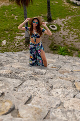 Ethereal Journey: A Young Beauty's Sojourn through Xcambo Mayan Ruins in Telchec, Yucatan, Amidst a Caribbean Oasis