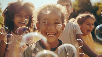 Multi-ethnic group of little friends with toothy smiles on their faces enjoying warm sunny day while participating in soap bubbles show - obrazy, fototapety, plakaty