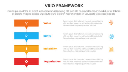 vrio business analysis framework infographic 4 point stage template with rectangle box stack with small arrow bottom for slide presentation