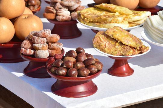Food for the Korean ancestral rites ceremony table