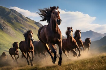 A herd of wild horses running freely across an expansive grassland.
