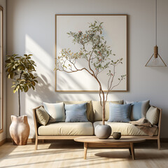 Interior of cozy living room with grey sofa and coffee table near white wall.Ai
