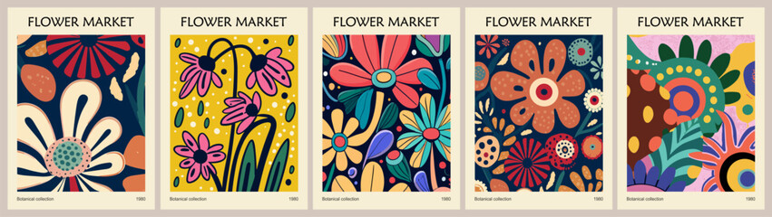 Set of abstract Flower Market posters, trendy botanical wall arts with floral design in bold vivid colors. Modern naive groovy funky interior decorations, paintings. Colorful Vector art illustration.