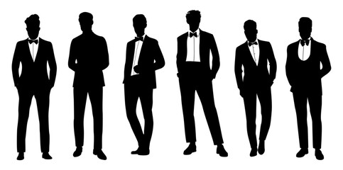 Silhouettes set of elegant businessmen wearing formal tuxedo and bow tie for evening celebration, event, Christmas, New Year, wedding, anniversary. Vector illustrations on transparent background.