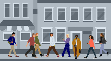 Vector illustration of people going along a city street with an urban panorama featuring modern buildings, a horizontal cityscape, and a scene with citizens walking on sidewalk in town.