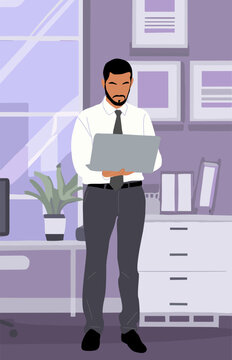 Vector illustration of business man standing in modern office, holding laptop. Monochrome purple grey color palette drawing.