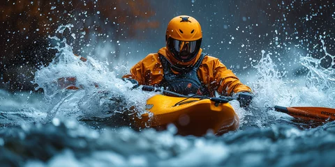  Whitewater kayaking, extreme sport rafting. Guy in kayak sails mountain river.Sport Man is kayaking with spray paddle splashes. Summer day, travel concept.Ai  © Impress Designers