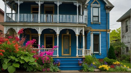 Fototapeta na wymiar Blue Victorian-era porch with stairs to old house with colorful spring flowers and garden landscaping from Generative AI