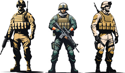 Set of Military man vector, marines, NAVY, army soldier