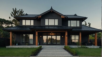 Fototapeta premium House with black tile roof from Generative AI
