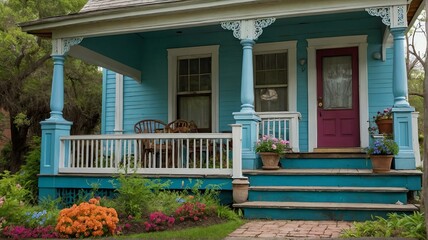 Light blue Victorian-era porch with stairs to old house with colorful spring flowers and garden landscaping from Generative AI