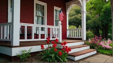 Fototapeta na wymiar Red Victorian-era porch with stairs to old house with colorful spring flowers and garden landscaping from Generative AI