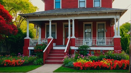 Fototapeta na wymiar Red Victorian-era porch with stairs to old house with colorful spring flowers and garden landscaping from Generative AI
