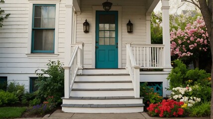 White Victorian-era porch with stairs to old house with colorful spring flowers and garden landscaping from Generative AI