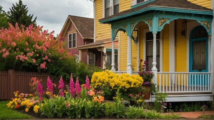 Fototapeta na wymiar Yellow Victorian-era porch with stairs to old house with colorful spring flowers and garden landscaping from Generative AI
