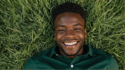 A happy smiling handsome young black african man lying in the summer green grass, top view from Generative AI