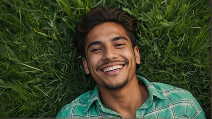 A happy smiling handsome young hispanic man lying in the summer green grass, top view from Generative AI