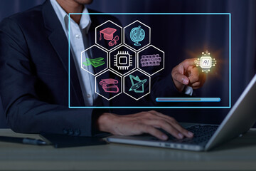 E-Learning Technology Webinar Online education and training for new knowledge. AI-enhanced learning, distance learning on virtual internet screens.