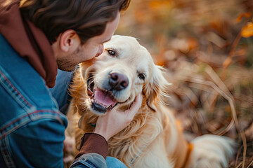 A charming scene where a cute dog places its face on the man's knees, happily smiling as he scratches her ear with his hands.